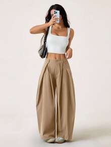 SHEIN PETITE 女士夏季复古休闲街头风外出宽松军绿色弧形裤脚长裤 - 卡其色 - 查看 8