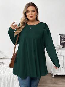 SHEIN CURVE+ 女士休闲宽松日常简约纯色圆领加大码T恤 - 墨綠色 - 查看 6