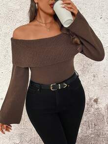 EMERY ROSE 1pc Women Plus Size One-Shoulder Elegant Fitted Sweater - Camel - View 8