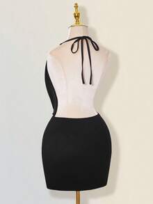 SHEIN ICON 金属链条装饰超大号深V领露背迷你连衣裙 - 黑色 - 查看 8