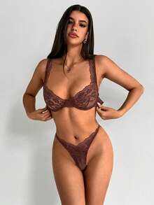 Aloruh Klassisches, sexy Spitzen-Unterwäsche-Set mit Bügel-BH und String für Damen, für Ausgehen - Braun - Übersicht 6