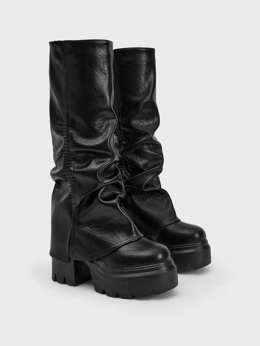 Sugerpunk Women's Thick Sole Pleated Tall Boots, Fashionable And Versatile For Daily Wear Valentine's Day