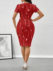 SHEIN Lady Vestido midi ajustado con cuello halter cruzado y mangas cortas para mujer - Rojo - Ver 2