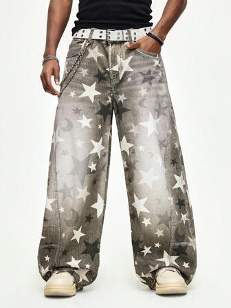 Street Life Jeans rectos con estampado de estrellas y efecto desgastado para hombres