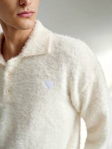 RONVEXI Men's Solid Color Minimalist Casual Long Sleeve Sweater Cream Men Sweater Polo Men Buttoned Knitted Polo Beach For Men White Cream Beige - Apricot - View 2