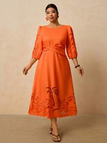 Travachic Plus Size Women Orange Maxi Dress, Round Neck Long Sleeve Embroidered Hollow Out Waist Cinched A-Line Dress, Romantic Date Travel Dress For Early Spring Casual Dress For Women Orange Dress