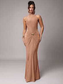 xheSilquee Vestido de cóctel elegante para mujer con cuello alto, manga larga, espalda descubierta y sexy, decorado con hebilla metálica, en color borgoña y claro, de tela de punto elástica, largo hasta el tobillo, adecuado para cóctel, cita romántica, vestido de punto maxi para otoño/invierno, fiesta formal, boda, dama de honor, vestido de noche, Halloween, Navidadxhe - Caqui - Ver 5