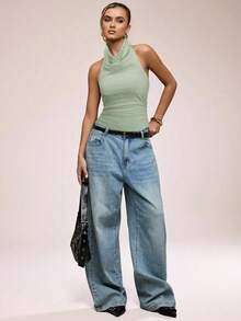 SHEIN BAE Tank Top Wanita Seksi Kasual Tanpa Punggung dengan Leher Berlipat, Pas Badan, Cocok untuk Perjalanan Sehari-hari, Musim Panas - Mint Green - View 6