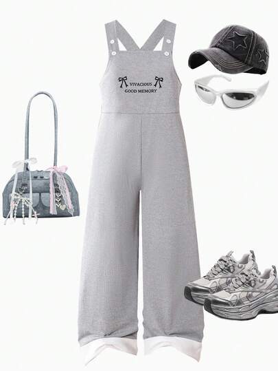 Genkimix Kids 少女韩版休闲蝴蝶结英文字母图案灰白拼接连体裤