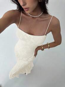 Aloruh 女士纯白色露背系带镂空鱼尾连衣裙，适合春夏、度假、婚礼季穿着。 - 米色 - 查看 7