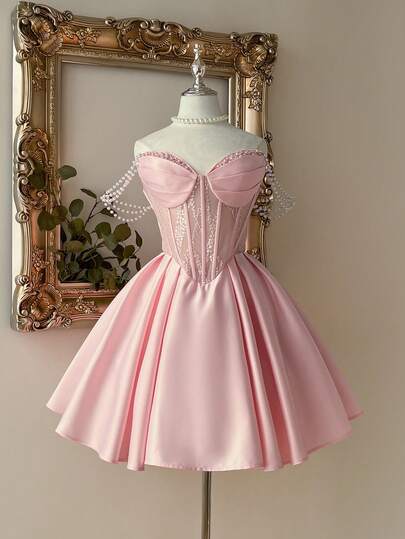 Lovelzi Elegant Luxurious Pink Sequin Embroidered Satin, Handmade Sequins Decor, Strapless Off Shoulder Waist Sheer Bubble Hem A-Line Short Cocktail Dress