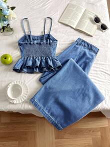 Comfortcana Women's Casual Denim Camisole Top With Ruffle Hem And Denim Pants Set, Summer - Blue - View 2