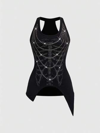 J-Fashion Langärmliges asymmetrisches Oberteil mit Metall-Nieten und Totenkopf-Muster mit Strass