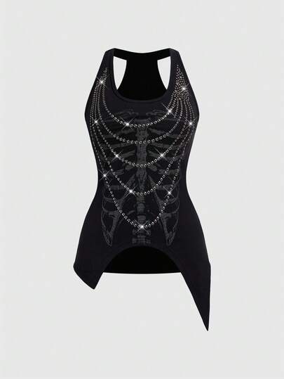 J-Fashion Langärmliges asymmetrisches Oberteil mit Metall-Nieten und Totenkopf-Muster mit Strass