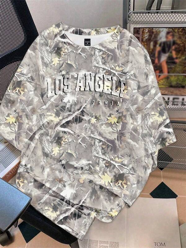 Manfinity Joysei 标准尺码男士时尚灰色树叶迷彩3D字母白色插肩T恤（面料）