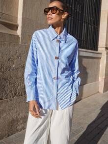 Maija 女士休闲条纹长袖衬衫，适合外出、通勤或日常社交场合。舒适百搭，毕业季女士休闲衬衫之选。 - 藍色 - 查看 5