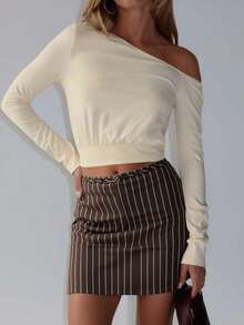 Siren Gaze 时尚女士条纹半身裙 棕色休闲高腰裙裤 适合夏季日常穿着 春夏度假时尚低腰条纹裙裤 - 巧克力棕 - 查看 8