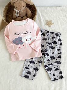 Baby Girls Pajamas-4 Piece Pajama Set Plush Crew Neck Long Sleeve Top And Long Pants Set Cloud Print Pink Gray Cozy Bedtime Pajamas Matching Outfit Four Season Holiday New Year 2026 Essential Soft Warm Cute Gift - Multicolor - View 8
