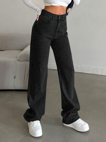 SHEIN Quần jean ống đứng ống đứng rộng rãi, giặt 100% cotton, cạp cao - màu đen - Xem 3