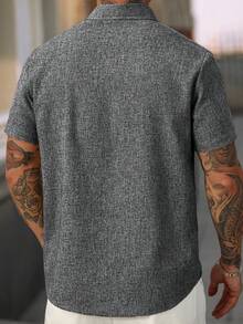 OTTIMOZO Manfinity CasualCool 男士亚麻条纹短袖衬衫，适合夏季日常通勤，灰色男士短袖纽扣衬衫，街头风男士衬衫，男士短袖灰色衬衫，男士休闲衬衫 - 黑色 - 查看 2