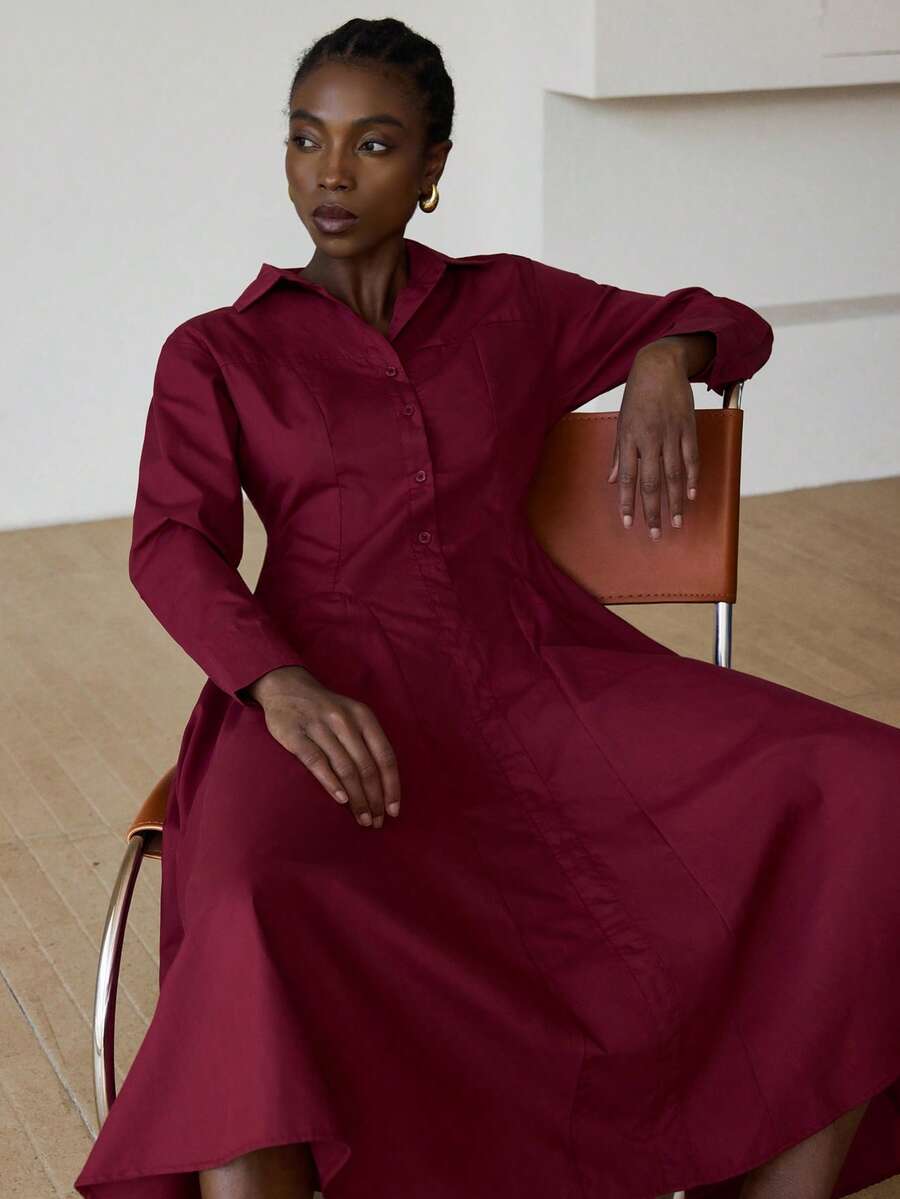 Aveloria Modichic Simple And Comfortable, A Solid Color Fitted And Fashionable Casual Dress That Is Versatile For All Occasions And Has Loose Long Sleeves With A Wide Hem And A Turned-Down Collar And Button Fastening. - Burgundy - View 1