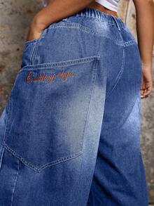 大码女式休闲宽松阔腿纽扣牛仔裤 - 中等水洗藍 - 查看 3