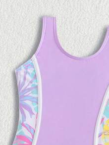 Sparklyn 全新时尚少女热带植物印花拼接连体泳衣（含短裤） - 紫色 - 查看 4
