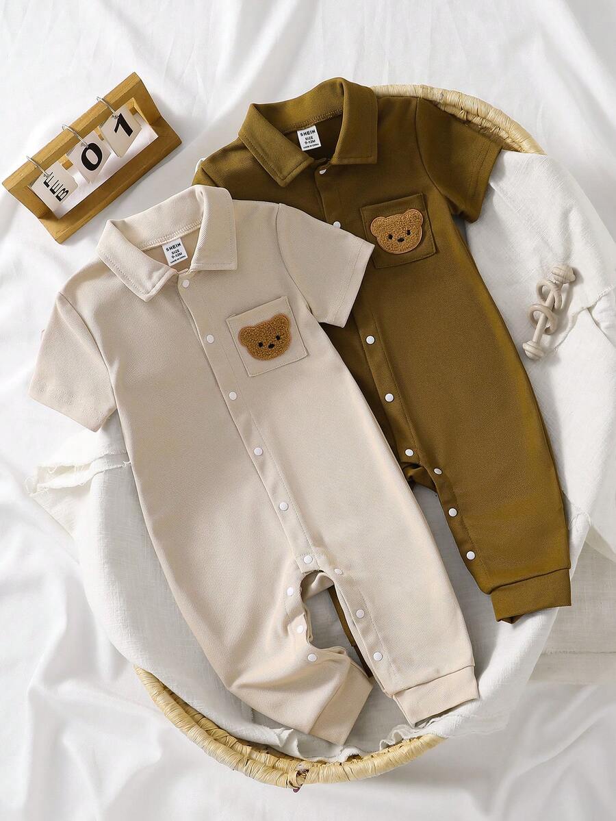 Baby Boys Jumpsuits-Polo Collar Short Sleeve Romper Front Snap Pocket Bear Patch Beige Olive Four Season 2026 New Year Essential Boys Romper Versatile And Comfortable Warm And Cute Style