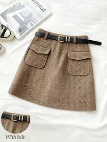 SHEIN Franclia 女士人字纹口袋时尚百搭派对通勤半身裙（含腰带）腰带裙 半身裙 带口袋迷你裙 卡其色半身裙 人字纹半身裙 女士半身裙 女士短裙 - 棕色 - 查看 3