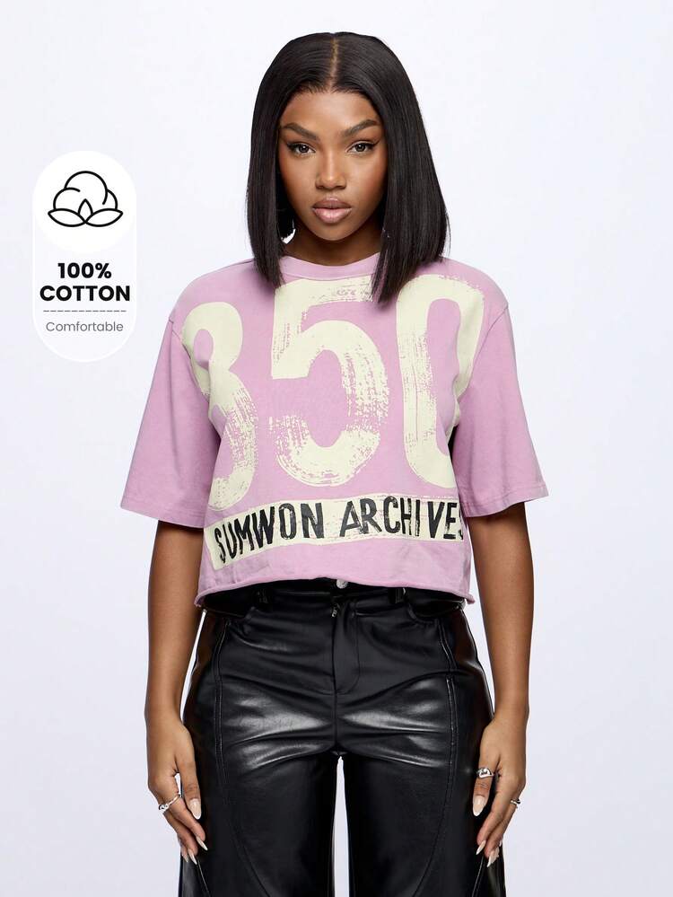 SUMWON WOMEN Vintage Style Distressed Archive Print Crop T Shirt