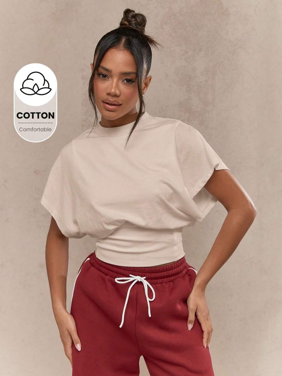 MISSGUIDED Blusa elegante con mangas tipo murciélago y diseño de cintura ceñida, mangas dolman, cuello redondo, casual, minimalista y moderna para uso diario en primavera y verano