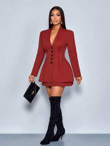 SOLERSUN Bộ vest dài tay xếp ly cổ chữ V sang trọng thanh lịch dành cho nữ, bộ vest đi làm hàng ngày đa năng - Rỉ Nâu - Xem 4