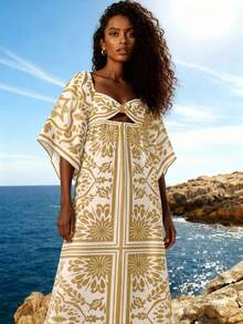 CAJUNI Women's Boho Vintage Black Printed Hollow-Out Loose Long Sleeve Maxi Dress, Vacation - Yellow - View 1
