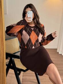 Vionelle Autumn/Winter Round Neck Long Sleeve Argyle Pattern Patchwork Solid Color A-Line Dress, Fashionable Retro Plus Size Sweater Dress Sweater Dresses For Women Knit Two Piece Set Brown Bodycon Dress Brown Two Piece Set Women Plaid Two Piece Set - Coffee Brown - View 8