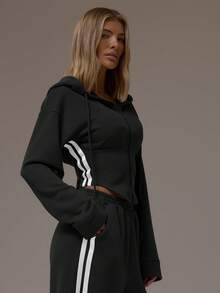 MUSERA Balloon Sleeve Contrast Pipping Cinched Waist Hooded Sweatshirt Casual, Airport, Loungewear, Back To School, Fall  Lounge Winter Valentines Elegant - Black - View 3