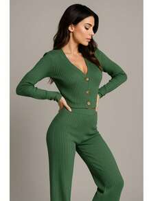 Conjunto Sexy Dama Premium Dos Piezas Botones Pantalón Cómodo Suéter botones Manga Larga Cuello V Pantalón recto - verde - Ver 4
