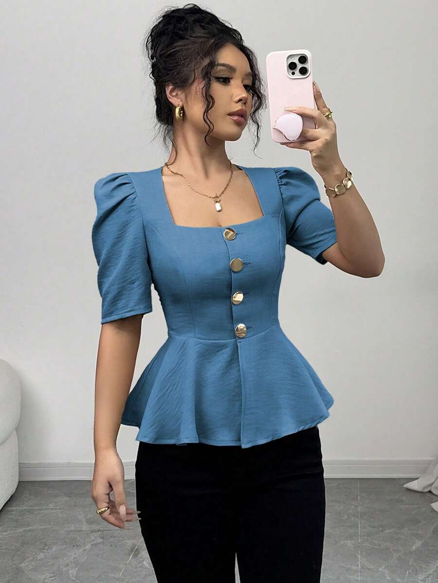 Elenzga 女士夏季衬衫，方领，短袖，金属纽扣装饰，做旧下摆，收腰设计，梭织面料，优雅百搭，日常穿着 - 藍色 - 查看 1