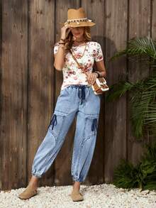 EMERY ROSE Women's Elegant Casual Distressed Denim Jeans With Multiple Pockets And Bow Tie Waist Design, Relaxed Fit - Blue - View 7