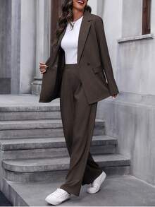 EMERY ROSE 女士休闲通勤翻领西装外套和裤子套装，秋季女士套装，女士商务休闲套装，女士服装套装 - 棕色 - 查看 7