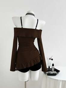 Elamini 1 Áo thun nữ cổ tròn ren đen xám viền bất đối xứng, thích hợp mặc hàng ngày, đi học, xuân/thu/đông - màu nâu - Xem 2
