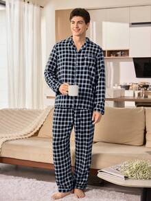 CoupledUp Plaid Print Bubble Wrinkle Men's Long Sleeve Cardigan And Pants Pajama Set Matching Couple Pajama Set Gingham Pajama Set Men Pjs Set - Blue - View 3