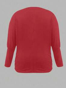 SHEIN LUNE Women's Plus Size Casual Solid Color Crew Neck Long Sleeve Knit T-Shirt, Autumn/Winter - Red - View 2