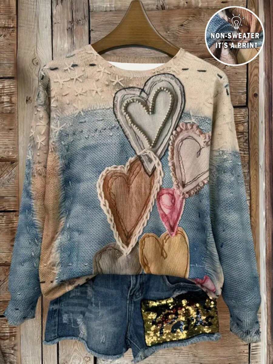 Women's 3D Printed Long Sleeve Crew Neck Sweater, Style, Ultra-High Definition Realistic Heart Pattern, Suitable For Casual Elegant Outfits - All Seasons - Multicolor - View 1