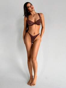 Aloruh Klassisches, sexy Spitzen-Unterwäsche-Set mit Bügel-BH und String für Damen, für Ausgehen - Braun - Übersicht 3