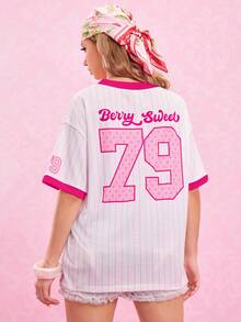 Strawberry Shortcake X SHEIN 女士休闲条纹卡通草莓印花V领短袖T恤，夏季 - 玫紅色 - 查看 2