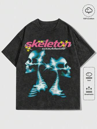 Street Life Camiseta de manga corta con gráfico de la novia cadáver lavada vintage para hombre