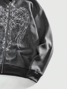 ROMWE MEN Street Life 男士翅膀印花连帽卫衣 - 深灰色 - 查看 4