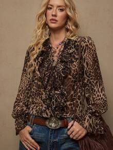 Freevana Women's Chiffon Printed Long Sleeve Shirt, Vacation Wear Leopard Print Ruffle Hem Blouse - Khaki - View 6