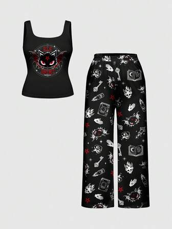 Gothic Dark Demon Elf Cat Starry Magic Book Skull Key Star Plus Size Full Print Tank Top And Pants Pajama Set, Casual Sleepwear