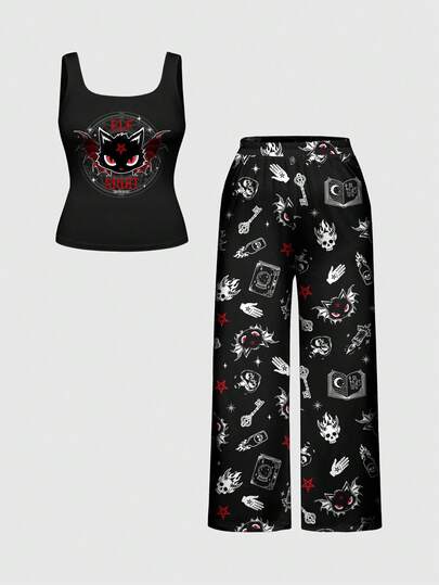 Goth Conjunto de pijama de top de tirantes y pantalones de estampado completo con diseño gótico de demonio, elfo, gato, libro de magia estrellada y calavera, talla grande, ropa de dormir informal